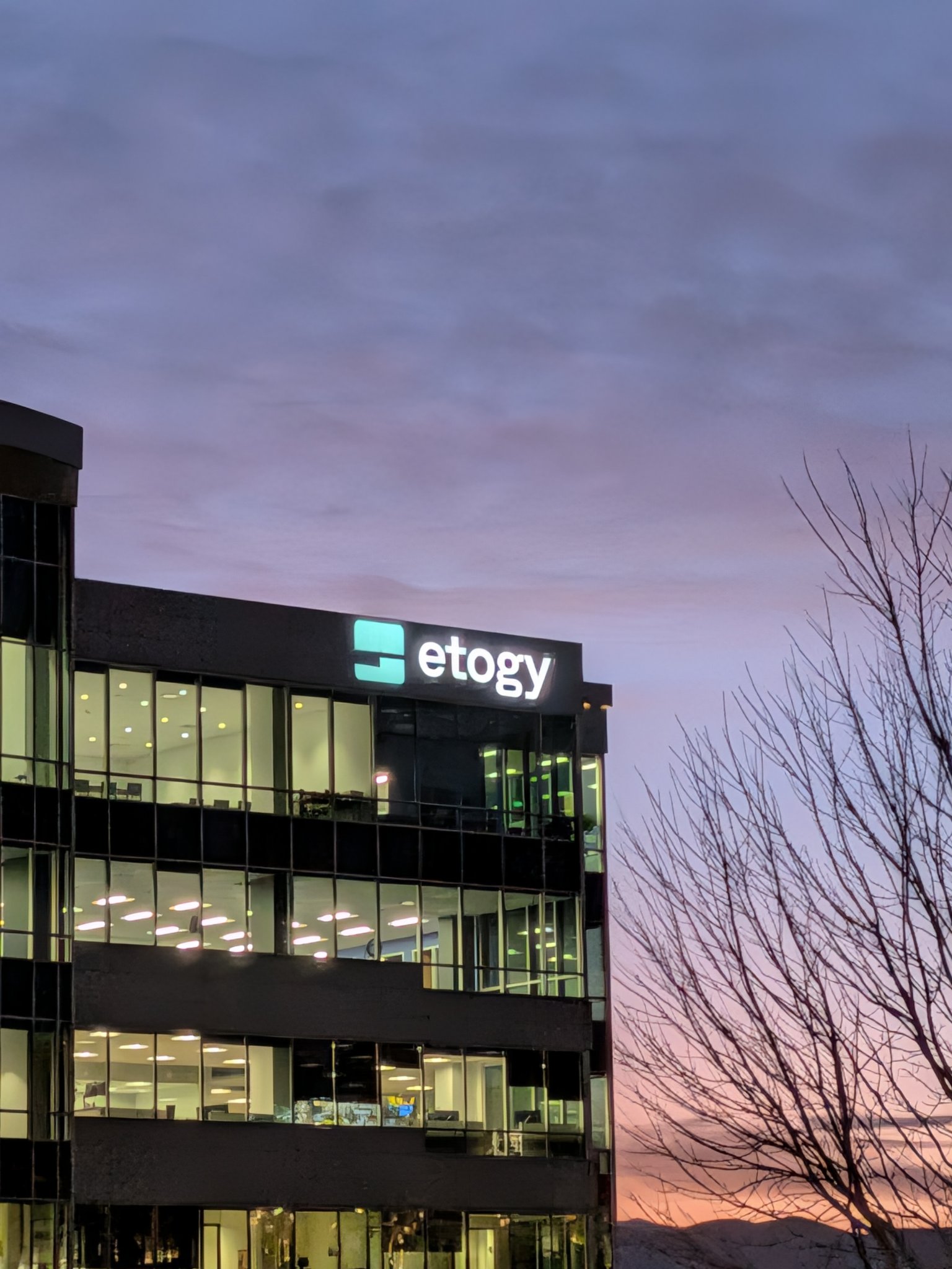 Etogy office building at dusk